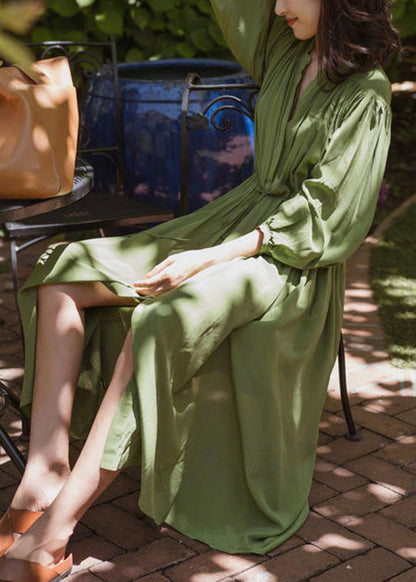 Fashio Green O-Neck Cinched Wrinkled Solid Chiffon Maxi Dress Spring LC0054 - fabuloryshop