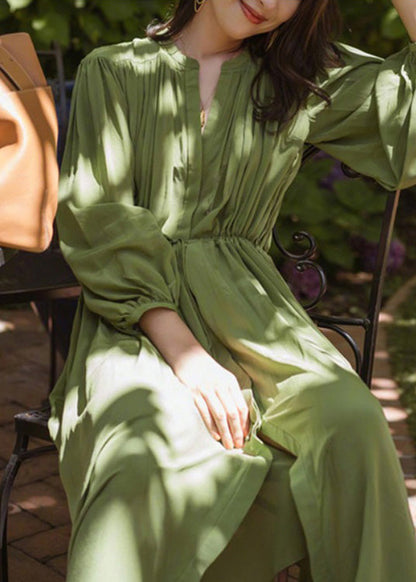 Fashio Green O-Neck Cinched Wrinkled Solid Chiffon Maxi Dress Spring LC0054 - fabuloryshop