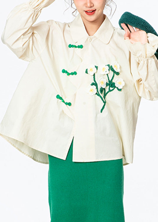 Fashion Apricot Peter Pan Collar Floral Cotton Shirt Long Sleeve LY0743 - fabuloryshop