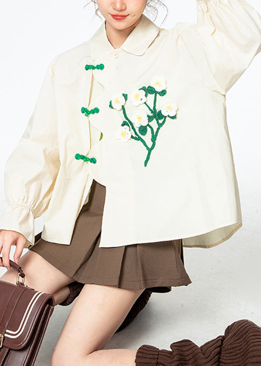 Fashion Apricot Peter Pan Collar Floral Cotton Shirt Long Sleeve LY0743 - fabuloryshop