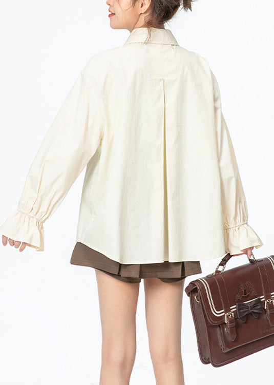 Fashion Apricot Peter Pan Collar Floral Cotton Shirt Long Sleeve LY0743 - fabuloryshop