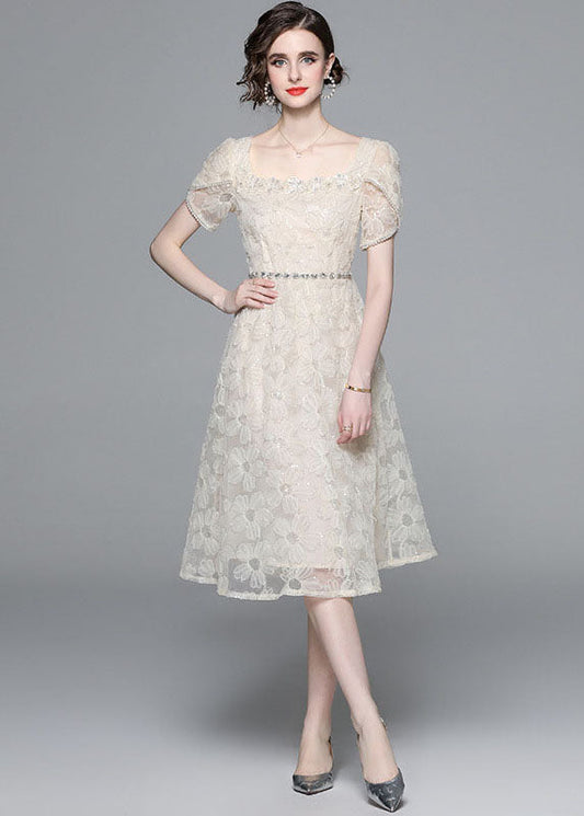 Fashion Apricot Square Collar Zircon Embroideried Tulle Dresses Summer LY7423 - fabuloryshop