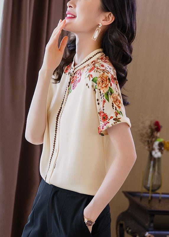 Fashion Apricot Stand Collar Print Patchwork Silk Top Summer LY0376 - fabuloryshop