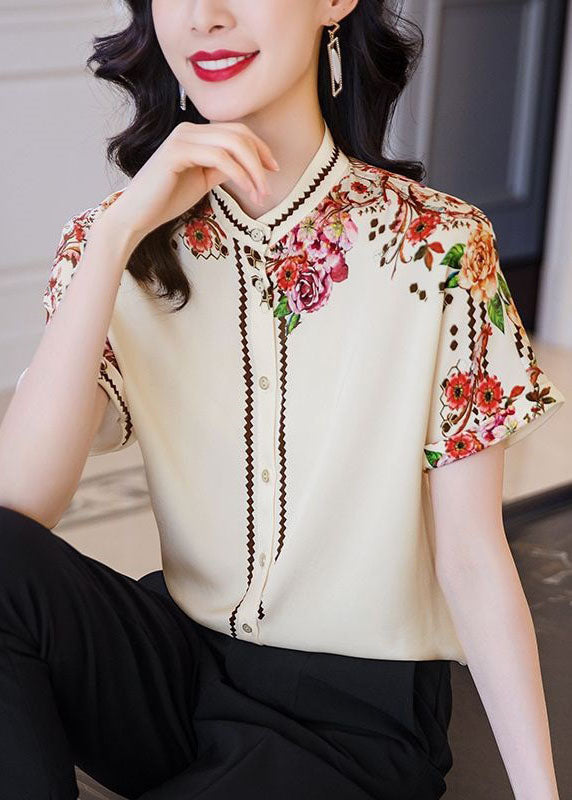 Fashion Apricot Stand Collar Print Patchwork Silk Top Summer LY0376 - fabuloryshop