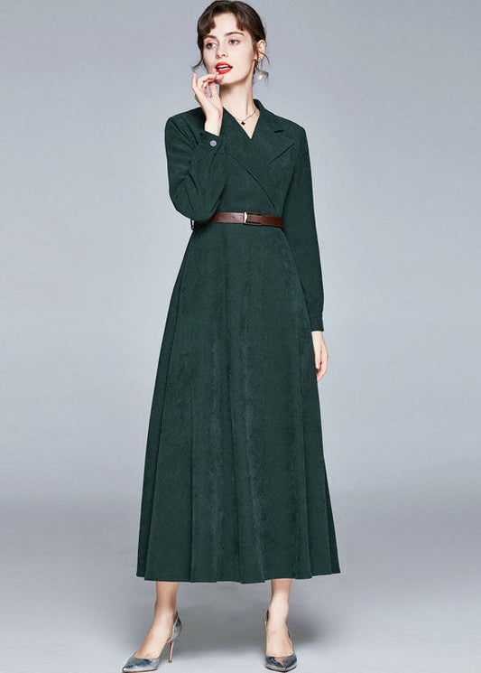 Fashion Army Green Notched Sashes Patchwork Corduroy Long Dresses Fall LY7434 - fabuloryshop