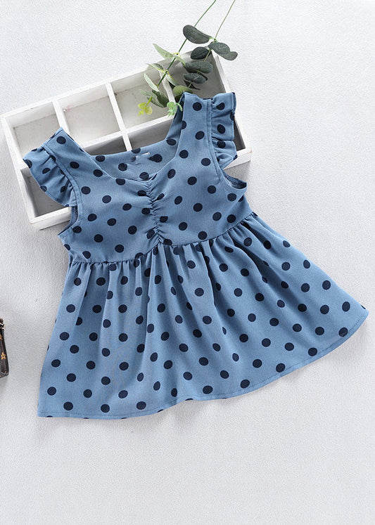 Fashion Baby Blue O-Neck Dot Print Patchwork Girls Vacation Long Dress Sleeveless Ada Fashion