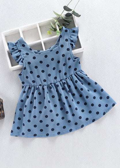 Fashion Baby Blue O-Neck Dot Print Patchwork Girls Vacation Long Dress Sleeveless Ada Fashion