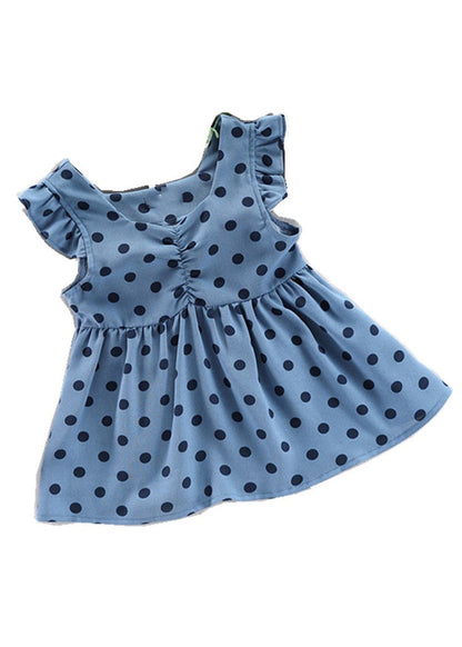 Fashion Baby Blue O-Neck Dot Print Patchwork Girls Vacation Long Dress Sleeveless Ada Fashion