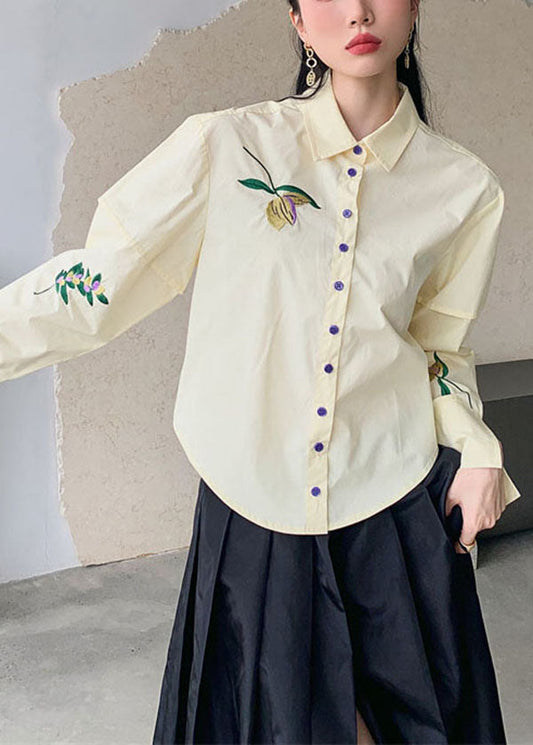 Fashion Beige Embroideried Patchwork Cotton Shirt Top Spring LY0775 - fabuloryshop