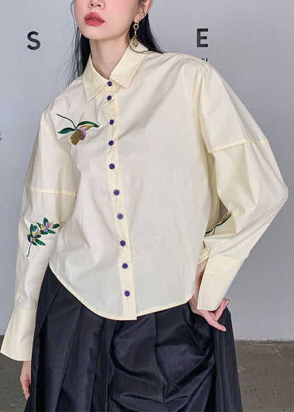 Fashion Beige Embroideried Patchwork Cotton Shirt Top Spring LY0775 - fabuloryshop