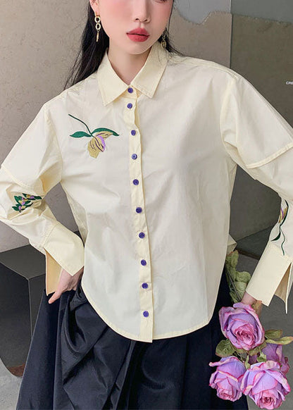 Fashion Beige Embroideried Patchwork Cotton Shirt Top Spring LY0775 - fabuloryshop