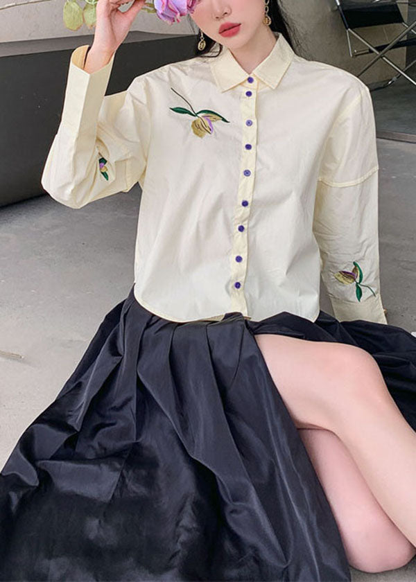 Fashion Beige Embroideried Patchwork Cotton Shirt Top Spring LY0775 - fabuloryshop