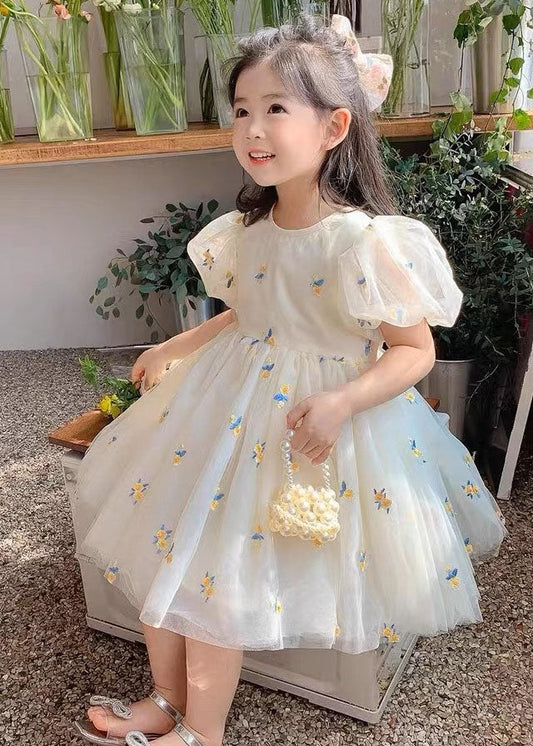 Fashion Beige Embroideried Wrinkled Patchwork Tulle Kids Girls Dress Summer Ada Fashion