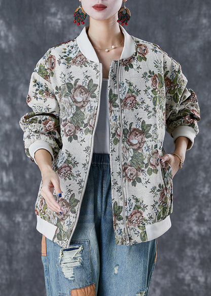 Fashion Beige Oversized Print Cotton Jackets Fall Ada Fashion