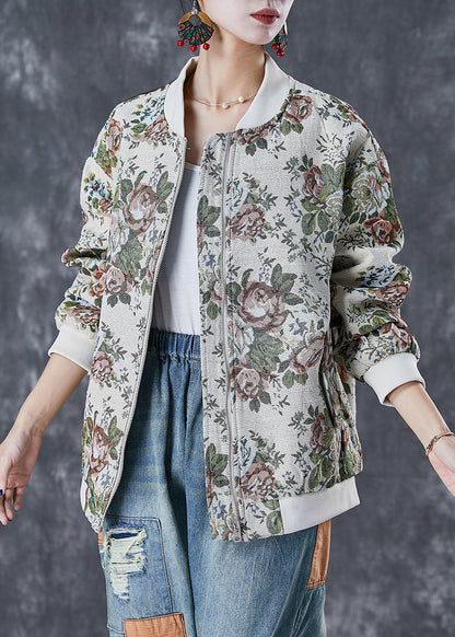 Fashion Beige Oversized Print Cotton Jackets Fall Ada Fashion