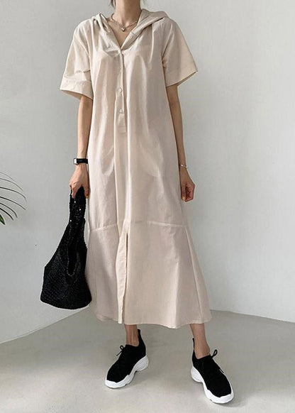 Fashion Beige Patchwork Button Hoded Long Shirt Dress Short Sleeve LY2110 - fabuloryshop