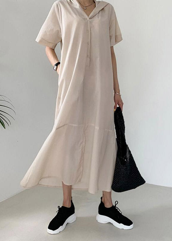 Fashion Beige Patchwork Button Hoded Long Shirt Dress Short Sleeve LY2110 - fabuloryshop