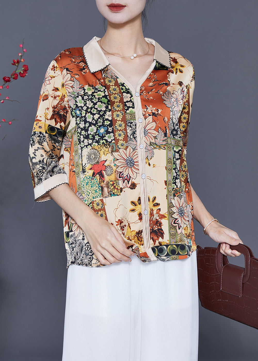 Fashion Beige V Neck Print Silk Shirt Top Half Sleeve LY5382 - fabuloryshop