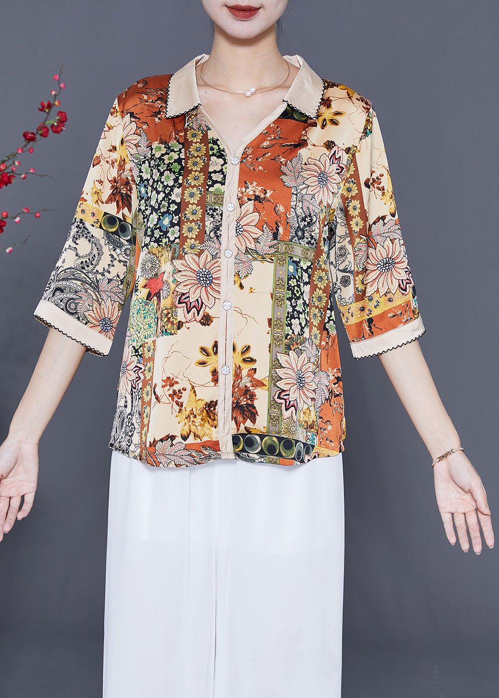 Fashion Beige V Neck Print Silk Shirt Top Half Sleeve LY5382 - fabuloryshop