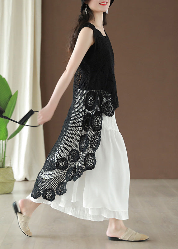 Fashion Black Asymmetrical Hollow Out Low High Design Cotton Top Summer Ada Fashion