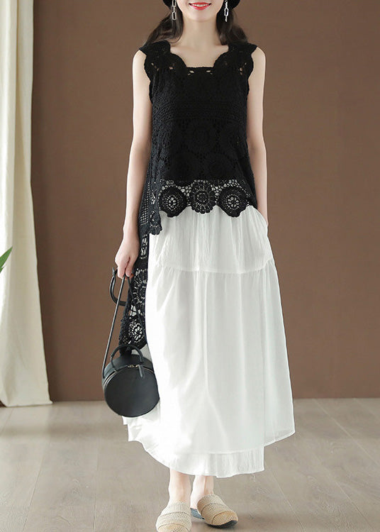 Fashion Black Asymmetrical Hollow Out Low High Design Cotton Top Summer Ada Fashion