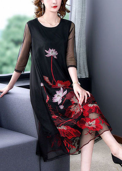 Fashion Black Embroideried Hollow Out Tulle Robe Dresses Bracelet Sleeve LY1696 - fabuloryshop