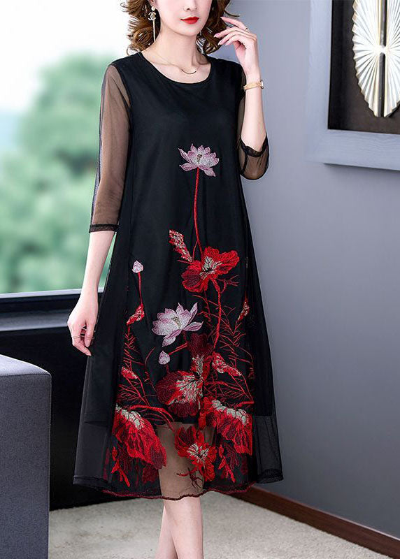Fashion Black Embroideried Hollow Out Tulle Robe Dresses Bracelet Sleeve LC0203 - fabuloryshop