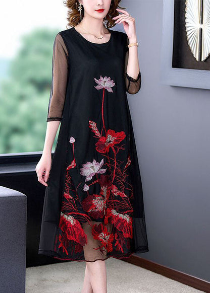 Fashion Black Embroideried Hollow Out Tulle Robe Dresses Bracelet Sleeve LY1696 - fabuloryshop