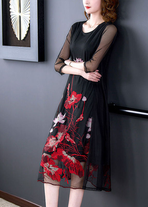 Fashion Black Embroideried Hollow Out Tulle Robe Dresses Bracelet Sleeve LC0203 - fabuloryshop