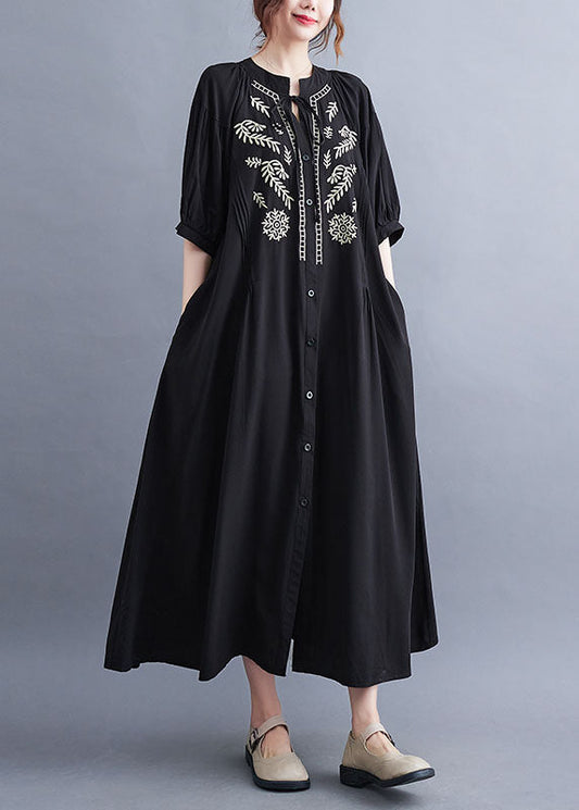 Fashion Black Embroideried Lace Up Cotton Maxi Dress Summer LY1549 - fabuloryshop