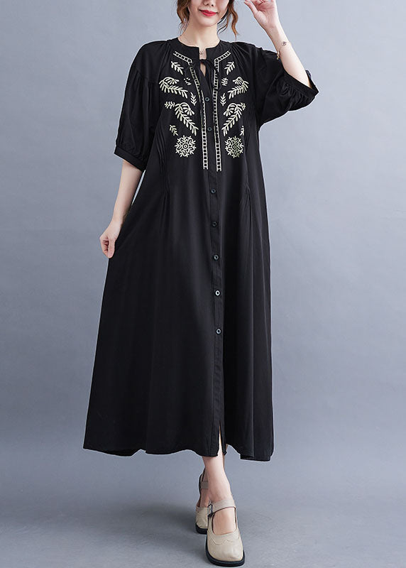 Fashion Black Embroideried Lace Up Cotton Maxi Dress Summer LY1549 - fabuloryshop