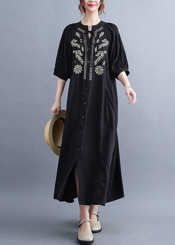 Fashion Black Embroideried Lace Up Cotton Maxi Dress Summer LY1549 - fabuloryshop