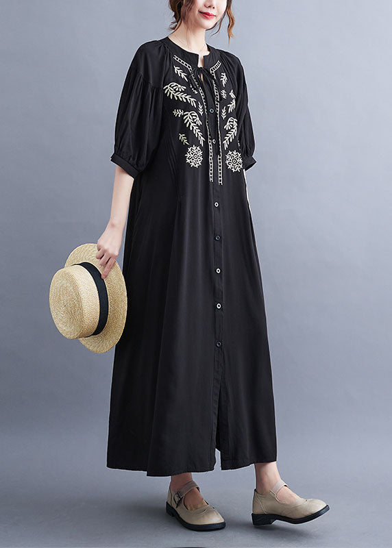 Fashion Black Embroideried Lace Up Cotton Maxi Dress Summer LY1549 - fabuloryshop