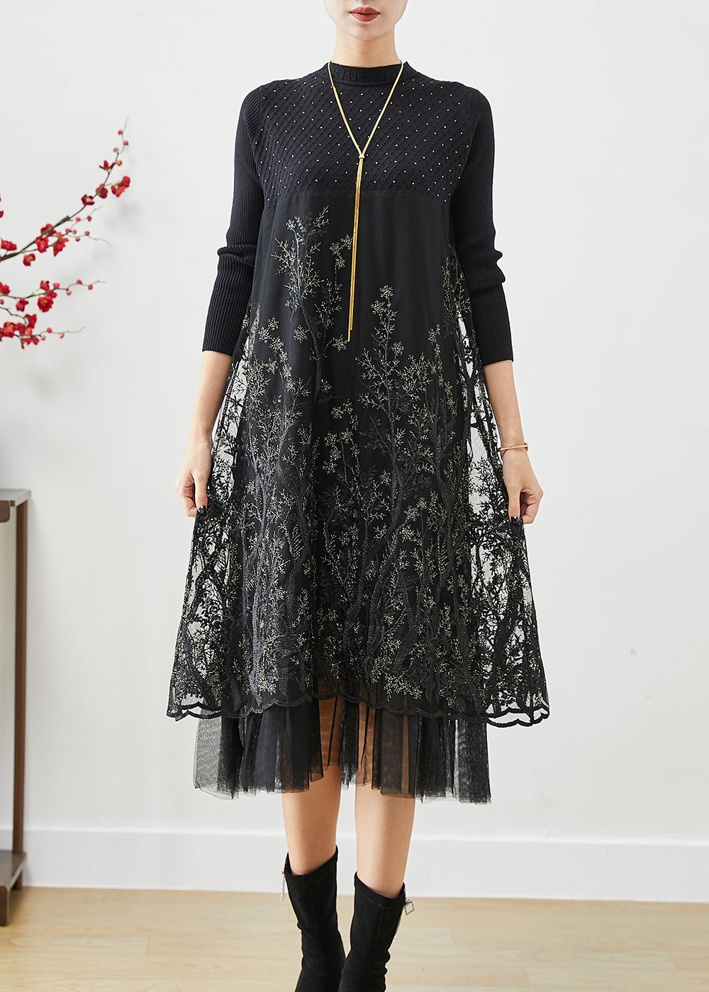 Fashion Black Embroideried Patchwork Knit Dresses Fall Ada Fashion