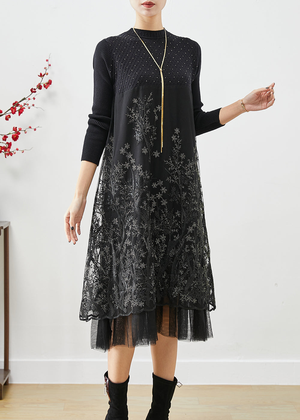 Fashion Black Embroideried Patchwork Knit Dresses Fall Ada Fashion