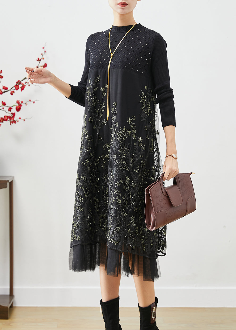 Fashion Black Embroideried Patchwork Knit Dresses Fall Ada Fashion