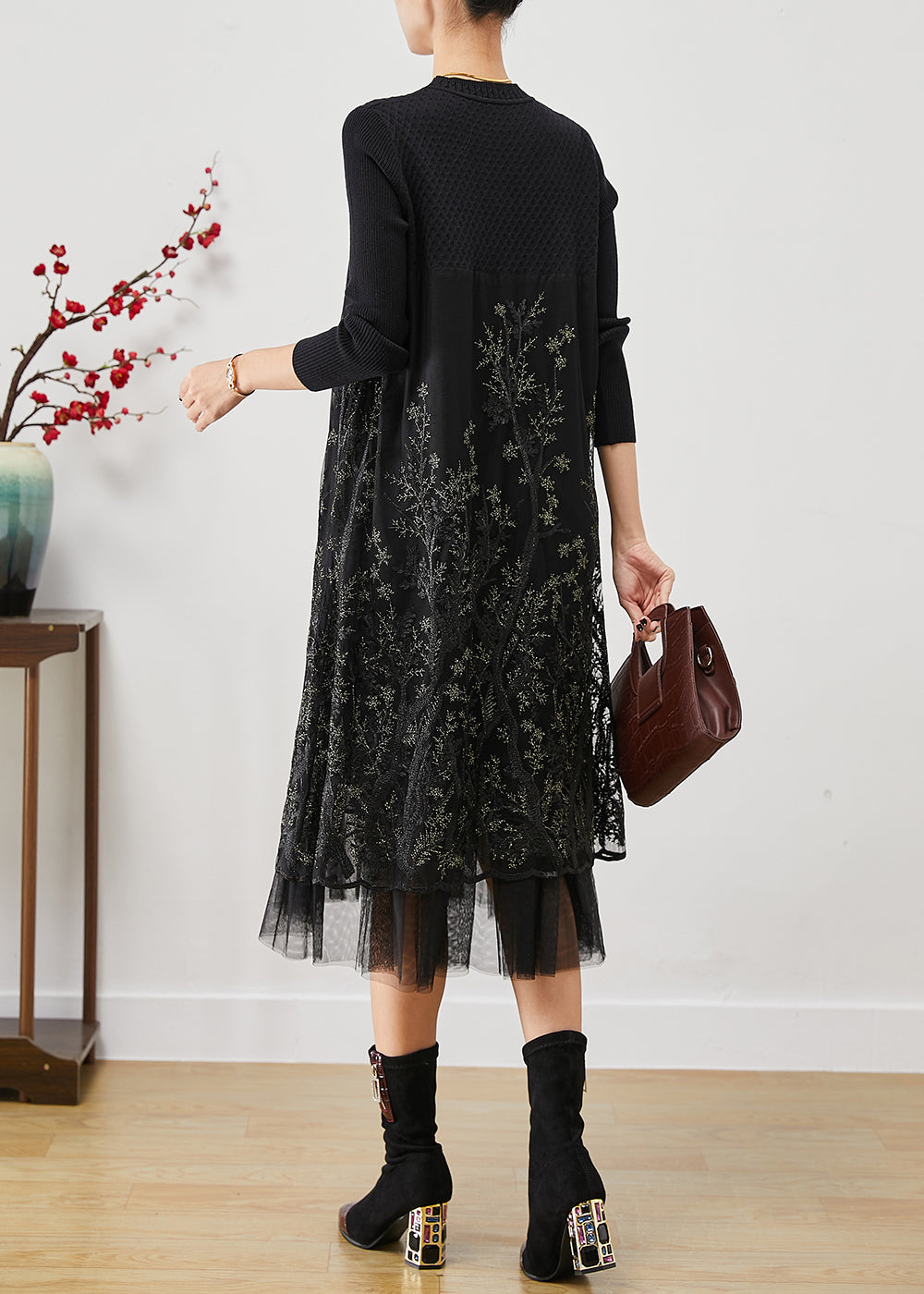 Fashion Black Embroideried Patchwork Knit Dresses Fall Ada Fashion