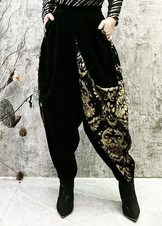 Fashion Black Embroideried Pockets Patchwork Corduroy Lantern Pants Spring LY4584 - fabuloryshop