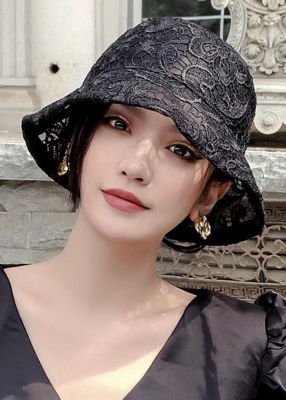Fashion Black Hollow Out Floral Lace Bucket Hat LC0545