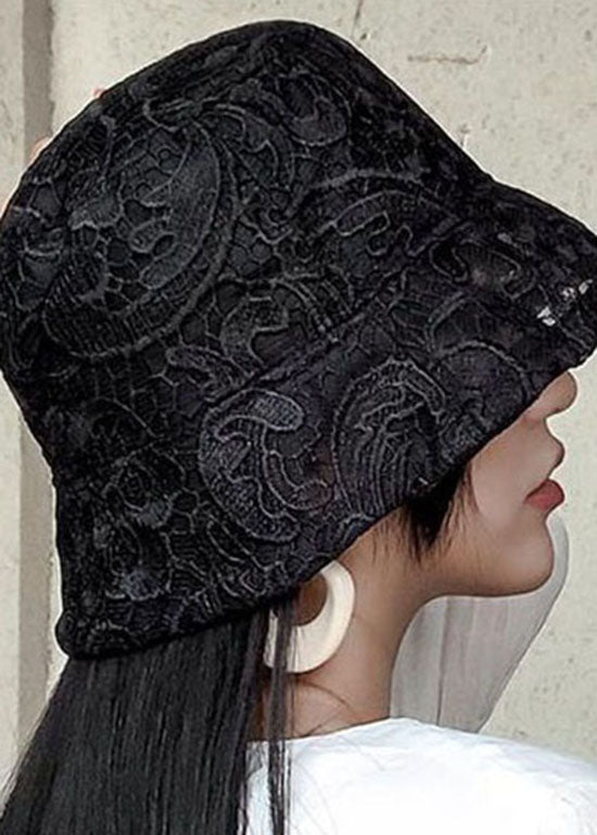 Fashion Black Hollow Out Floral Lace Bucket Hat LC0545 - fabuloryshop