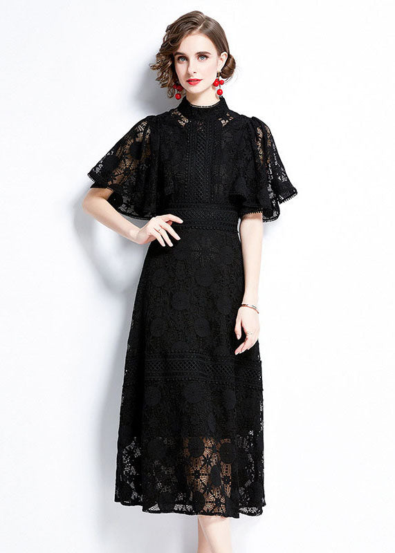 Fashion Black Hollow Out Patchwork Lace Dress Butterfly Sleeve LY7453 - fabuloryshop