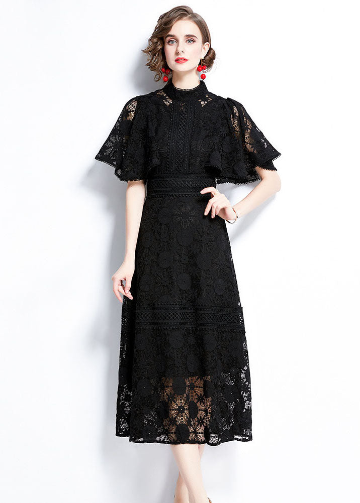 Fashion Black Hollow Out Patchwork Lace Dress Butterfly Sleeve LY7453 - fabuloryshop
