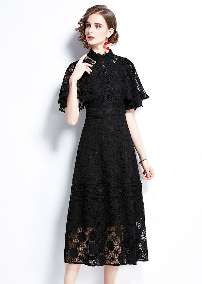 Fashion Black Hollow Out Patchwork Lace Dress Butterfly Sleeve LY7453 - fabuloryshop