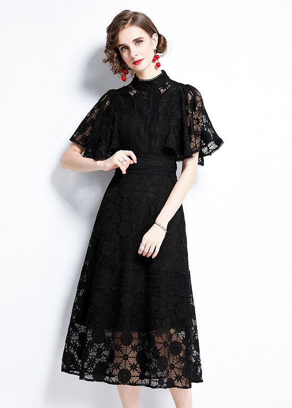 Fashion Black Hollow Out Patchwork Lace Dress Butterfly Sleeve LY7453 - fabuloryshop
