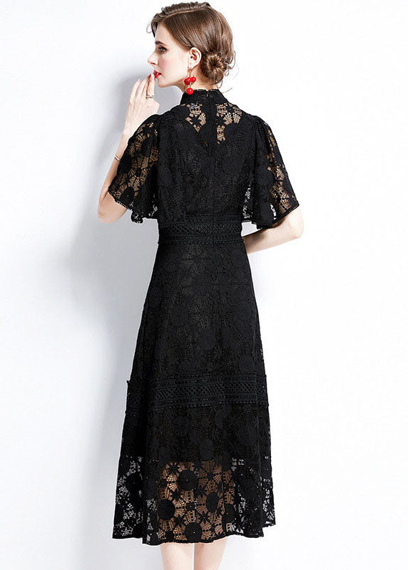 Fashion Black Hollow Out Patchwork Lace Dress Butterfly Sleeve LY7453 - fabuloryshop