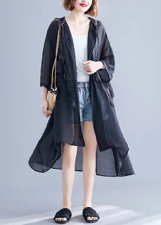 Fashion Black Hooded Cinched Ruffles Cotton Cardigan Summer Ada Fashion