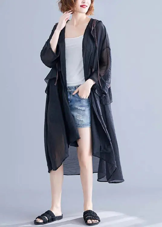 Fashion Black Hooded Cinched Ruffles Cotton Cardigan Summer Ada Fashion