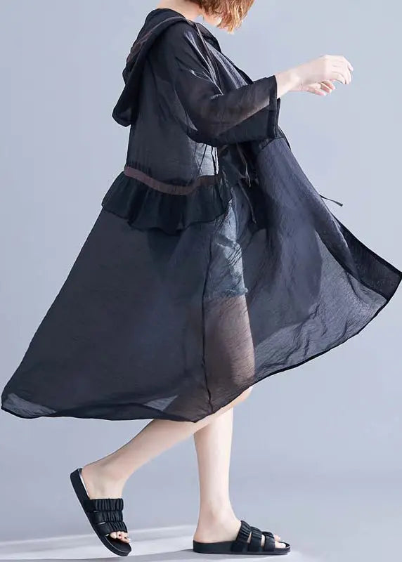 Fashion Black Hooded Cinched Ruffles Cotton Cardigan Summer Ada Fashion