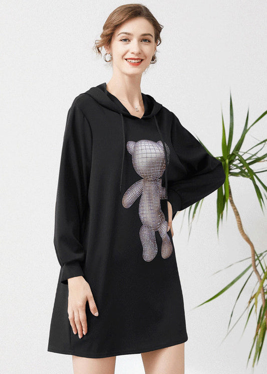 Fashion Black Hooded Print Cotton Sweatshirts Dress Spring LY0327 - fabuloryshop