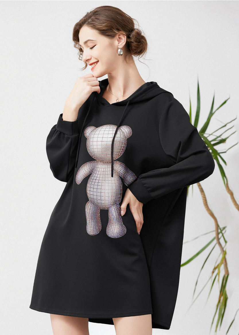 Fashion Black Hooded Print Cotton Sweatshirts Dress Spring LY0327 - fabuloryshop